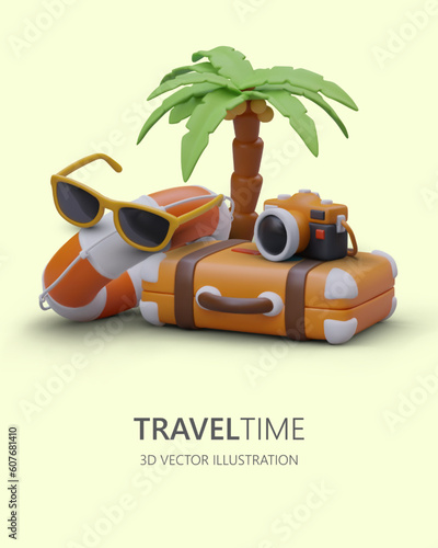 Trip to summer. Tours to warm sea, ocean coast. Vacation at tropical resort. Vertical blank for advertising modern tourism. 3D illustration, blank bottom block for offer, slogan