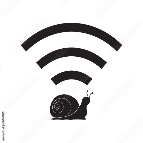 Slow internet connection, simple sign. Black wi-fi icon with snail silhouette, design isolated on white background. No internet access. Bad wifi signal. Slow upload and download data.