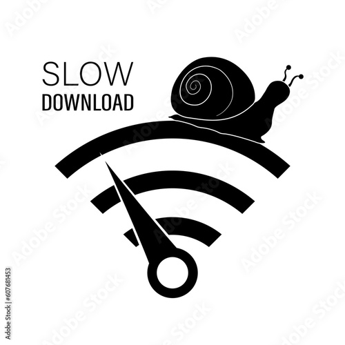 Slow internet connection, simple sign. Snail crawl on black wi-fi icon, design isolated on white background. No internet access. Indicator show bad wifi signal.
