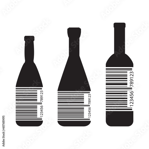 Set of wine bottles with bar code. White stripes inside wine bottles. Barcode for scan, alcohol retail concept. Promotion campaign, marketing. monochromatic