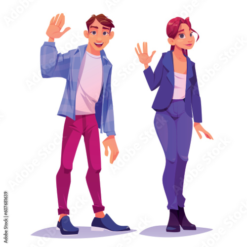 People waving hand. Man and woman characters say Hello with greeting gesture. Happy young male and female persons raising arm, vector cartoon illustration isolated on white background