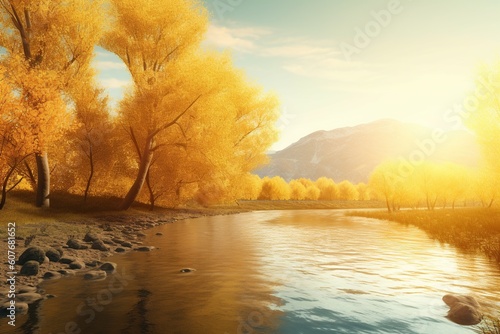 the river flows near the autumn trees with yellow leaves near the mountains. autumn landscape. generative ai.