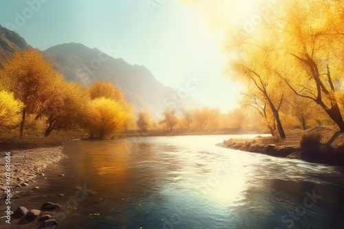 the river flows near the autumn trees with yellow leaves near the mountains. autumn landscape. generative ai.