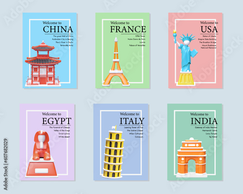 Large set of tourist posters with 3D elements. Symbols of architecture of different countries. Text list of places attractive for tourists. Series of vector templates on colored background