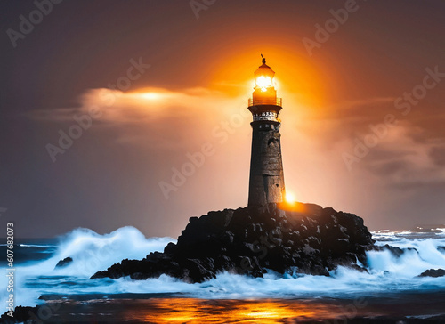 Lighthouse searchlight beam through marine air at night
 photo