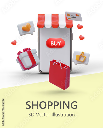Vertical web page with mobile phone with button buy, gift box, shopping bag and credit card. Advertising poster for souvenir shop. Vector design with background in yellow and white colors