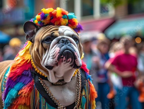 Bull dog in pride parade. Concept of LGBTQ pride. AI generated