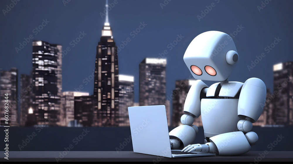 Robot using laptop with background of night city. AI generated Robot using laptop with background of night city. AI generated