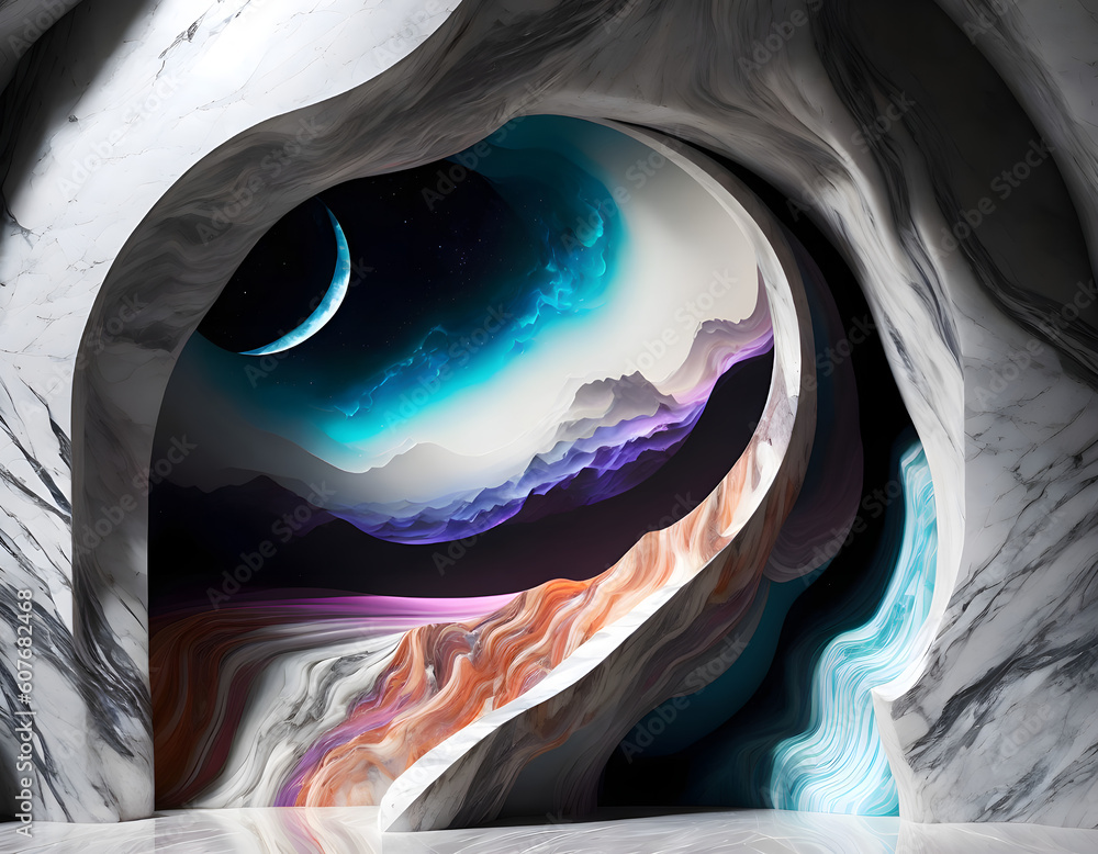 mountain in the mountains, marble portal leading, , atmosphere, light, illustration,  AI generated