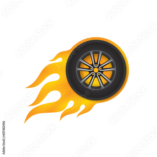 Vector burning car wheel. Isolated on white background.