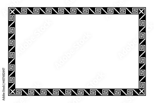 Aztec stepped fret pattern, rectangle frame with serpent meander motif. Border made of steps, seamless connected to a spiral, similar to Greek key. Also known as step fret design or as Xicalcoliuhqui.