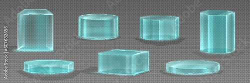 3d glass podiums, crystal platforms for product display. Empty clear stands different geometric shapes. Pedestals from blue plexiglass isolated on transparent background, vector realistic set