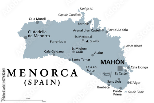 Menorca, or Minorca, gray political map, with capital Mahon or Port Mahon, official Mao. Island of the autonomous community of the Balearic Islands, located in the Mediterranean Sea and part of Spain.