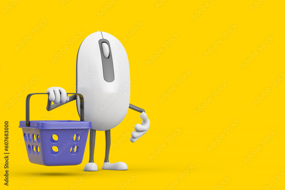 Computer Mouse Cartoon Person Character Mascot with Cartoon Shopping Basket. 3d Rendering - obrazy, fototapety, plakaty 