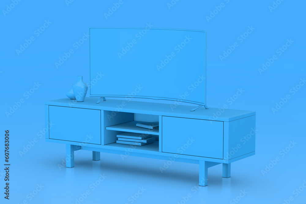 Monochrome Modern Blue Curved Led or LCD Smart TV Screen Mockup above Blue Console Rack. 3d Rendering Monochrome Modern Blue Curved Led or LCD Smart TV Screen Mockup above Blue Console Rack. 3d Rendering