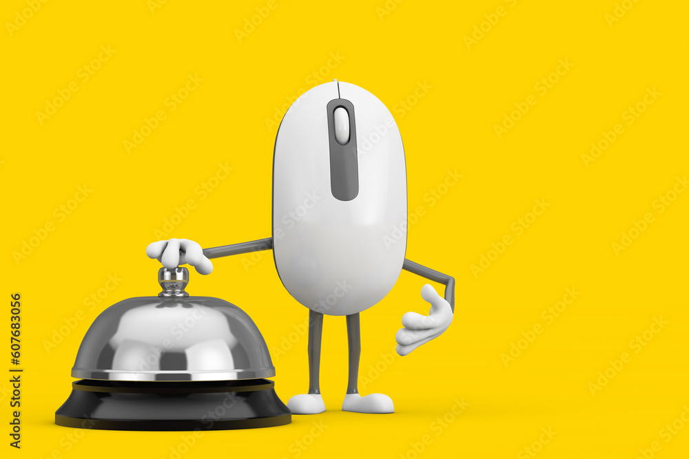 Computer Mouse Cartoon Person Character Mascot with Hotel Service Bell ...