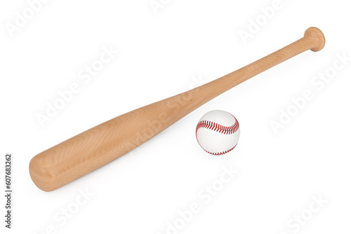 White Baseball Ball and Wooden Bat. 3d Rendering