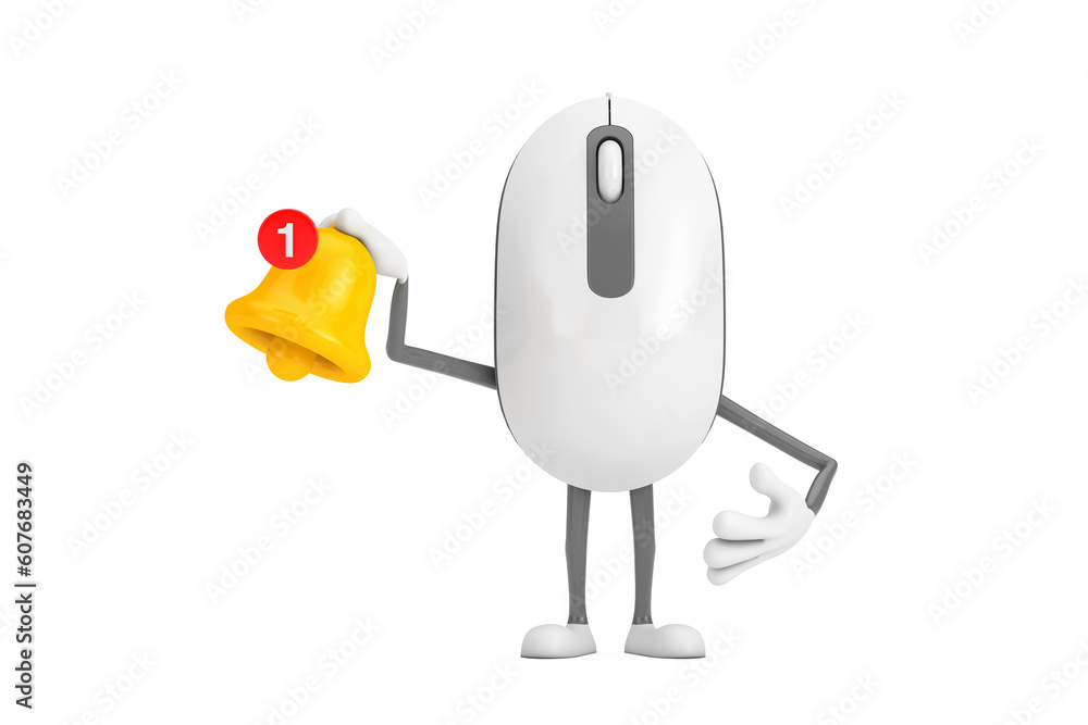 Computer Mouse Cartoon Person Character Mascot witn Cartoon Social Media Notification Bell and New Message Icon. 3d Rendering Computer Mouse Cartoon Person Character Mascot witn Cartoon Social Media Notification Bell and New Message Icon. 3d Rendering
