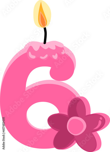 Pink six 6 number happy birthday candle and flower vector illustration.