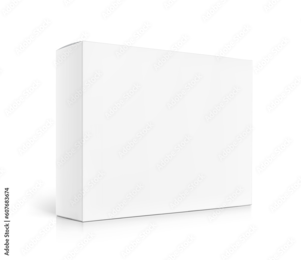 Realistic cardboard box mockup. Vector illustration isolated on white background. Half side view. Can be use for food, cosmetic, pharmacy, sport and etc. Ready for your design. EPS10.	