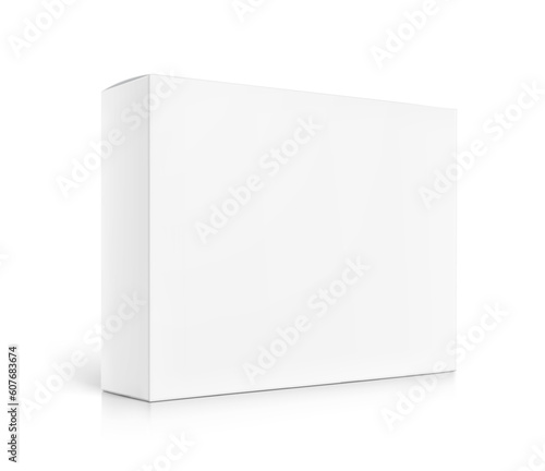 Realistic cardboard box mockup. Vector illustration isolated on white background. Half side view. Can be use for food, cosmetic, pharmacy, sport and etc. Ready for your design. EPS10.	