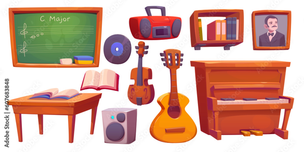 Cartoon set of music classroom design elements isolated on white. Vector illustration of vintage