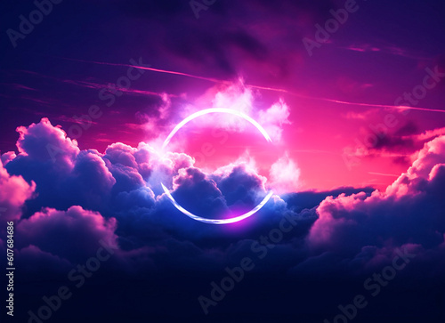 Sunset in a cloudy sky above a forest with trees on which is a neon frame in the shape of a circle. Beautiful abstract landscape. Illustration, Generative AI.