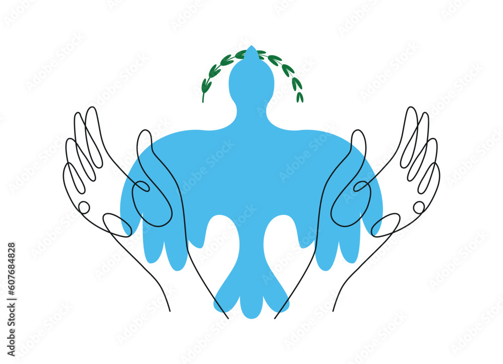Fototapeta premium A dove of peace released from open hands. A symbol of peace and hope on earth