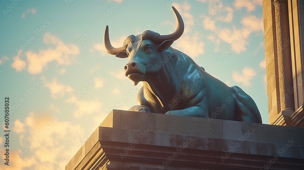Statue of a bull laying on the top of a building, bullish market trading concept, generative AI image