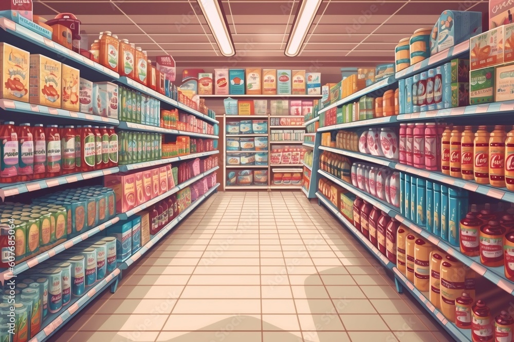 Supermarket filled with a variety of products on display. AI