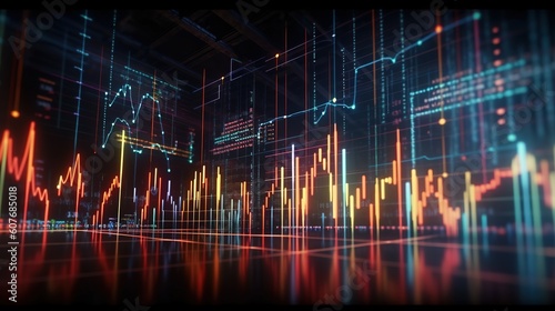 Trading charts abstract digital background with glowing diagrams, reflections and modern vibrant technology elements, generative AI photo