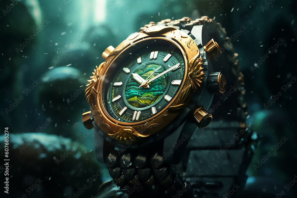 Highly detailed closeup view of modern and elegant wrist watch with water droplets Highly detailed closeup view of modern and elegant wrist watch with water droplets