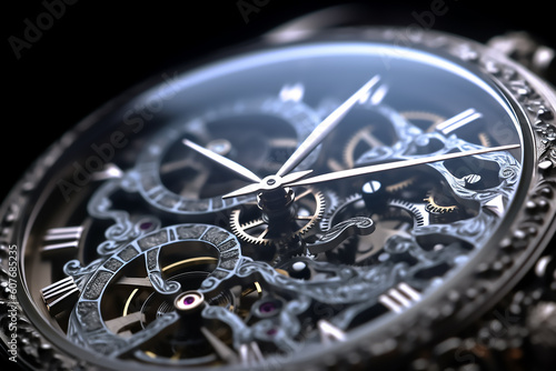 Highly detailed closeup view of modern and elegant wrist watch with water droplets