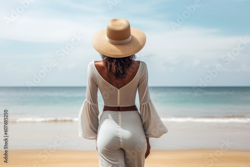 Portrait of a young woman with a hat at the beach. Natural light, horizontal image. Generative AI