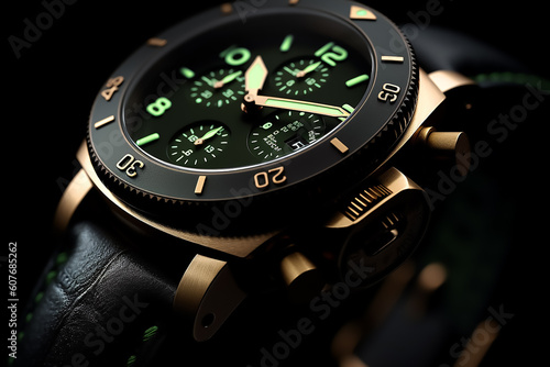 Highly detailed closeup view of modern and elegant wrist watch with water droplets