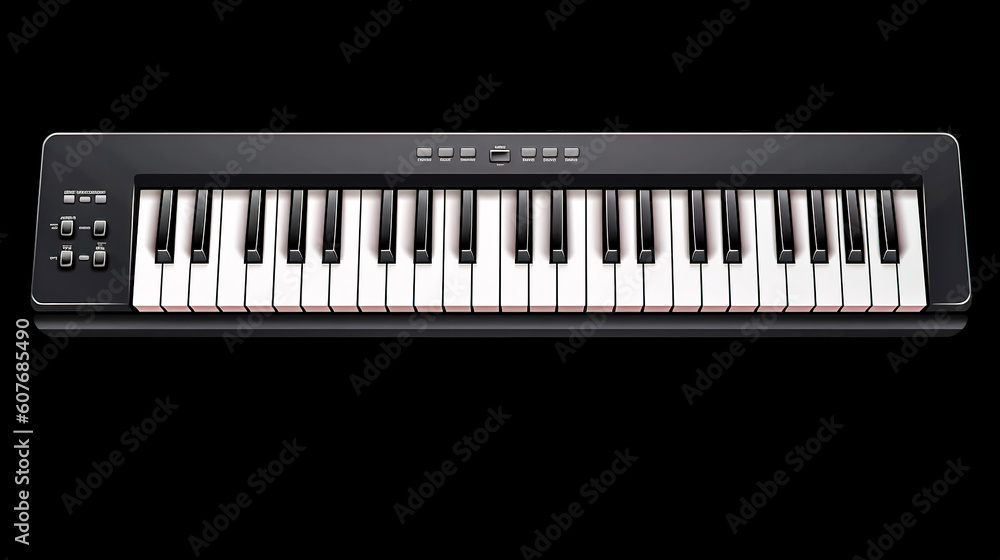 Piano keys on a black background, top view, generative AI. Piano keys on a black background, top view, generative AI.