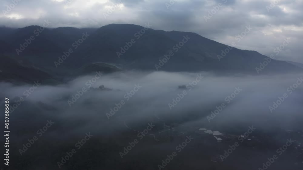 Drone Shot Of Marevelous Mountains Landscape In Sapan In Foggy Weather, Thailand Drone Shot Of Marevelous Mountains Landscape In Sapan In Foggy Weather, Thailand