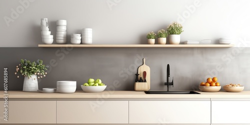 Kitchen display front view decoration illustration for background product presentation template. Ai generative