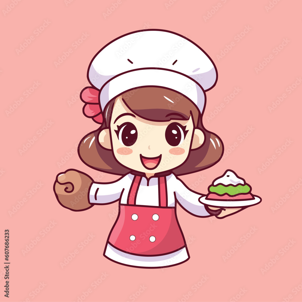 Chef Woman Cute Kawaii Hand Drawn Cartoon Illustration Chef Woman Cute Kawaii Hand Drawn Cartoon Illustration