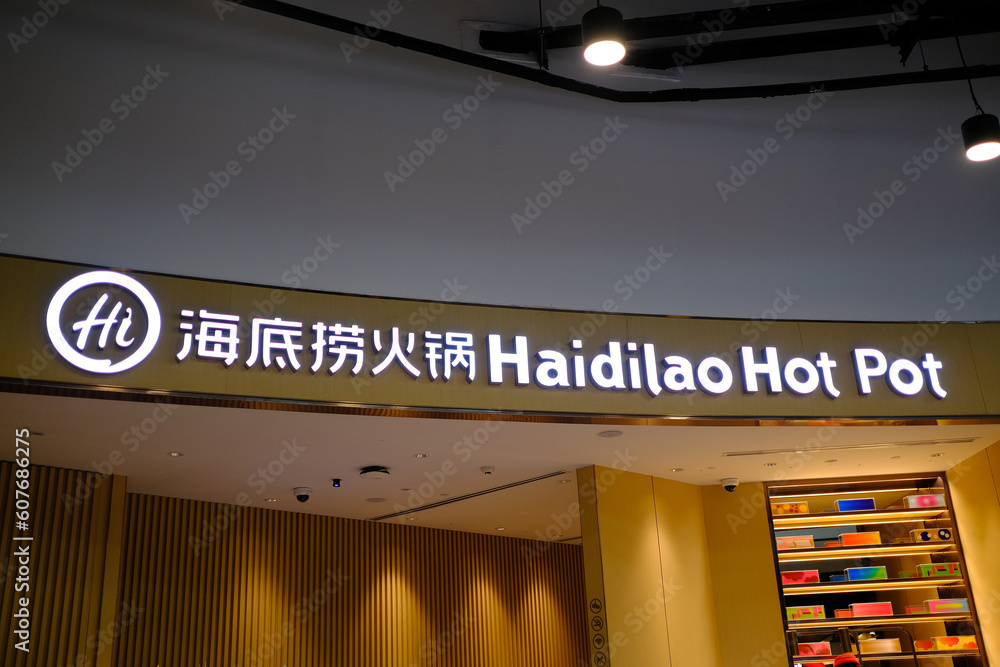 BANGKOK, THAILAND MAY 06, 2023 Haidilao Hot Pot Sign, Haidilao is a