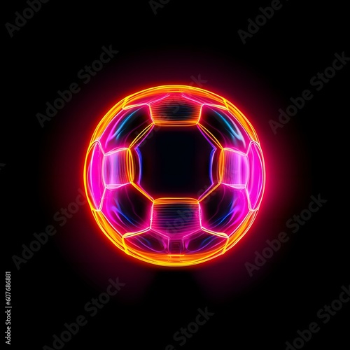 Soccer ball or football with glowing neon lights on a dark background with copy space. Created with generative AI technology. © s1llu