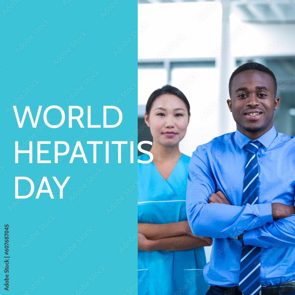 Composition of world hepatitis day text over diverse doctors Composition of world hepatitis day text over diverse doctors