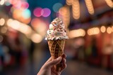 Colorful ice cream cone with sprinkles held in hand amidst vibrant lights. AI