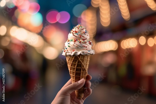Colorful ice cream cone with sprinkles held in hand amidst vibrant lights. AI