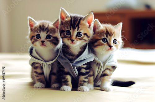 Group of kittens with cute clothing. AI generated