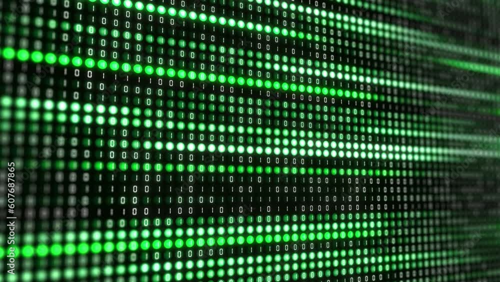 Green round pixels of electronic display with changing software binary code. Colored glowing lines on the screen. Digital abstract looped background. Green round pixels of electronic display with changing software binary code. Colored glowing lines on the screen. Digital abstract looped background.