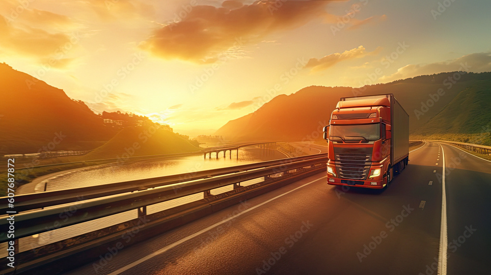  Truck run on highway, Logistics import export and cargo transportation industry concept of Container . Ai generative