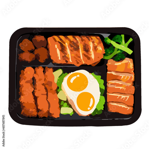 Meal box, Lunch box, Deep-fried food, Fried egg, Rice, Stir-fry, Tempura, Bento, Chicken cutlet