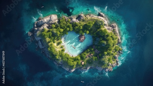 Top view of a tropical island in the middle of a crystal clear blue ocean  rendered by AI technology