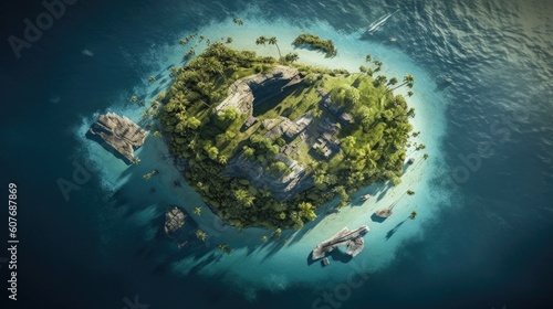 Top view of a tropical island in the middle of a crystal clear blue ocean, rendered by AI technology